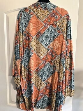 Easel Mixed Boho Print Kimono Rayon Aqua Orange Gorgeous Size 1X